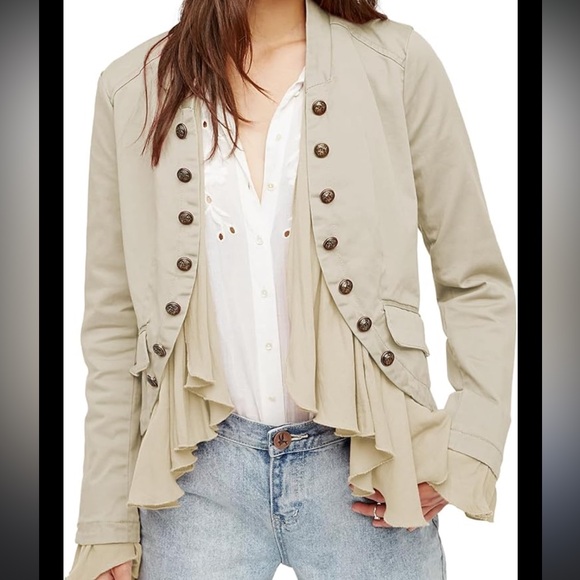 Free People Cream Ruffled Button Front Draped Romance Jacket - Picture 2 of 8